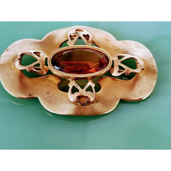 Antique Brass Gilt Large Brooch With Brown Glass Stone - Picture 7 of 8